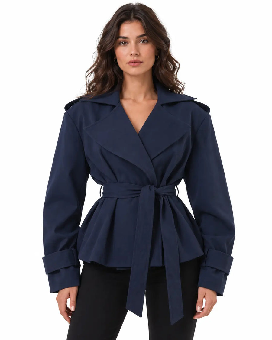 Trench Femme - Croisé Oversize Grand Col Ceinture Pattes d'Épaule Marine porté