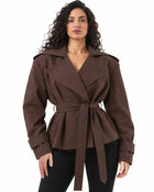 Trench Femme - Croisé Oversize Grand Col Ceinture Pattes d'Épaule - Marron
