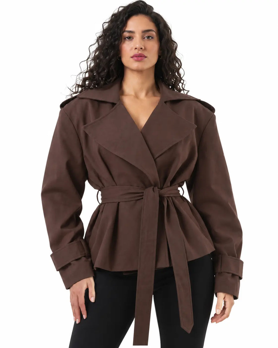 Trench Femme - Croisé Oversize Grand Col Ceinture Pattes d'Épaule Marron porté