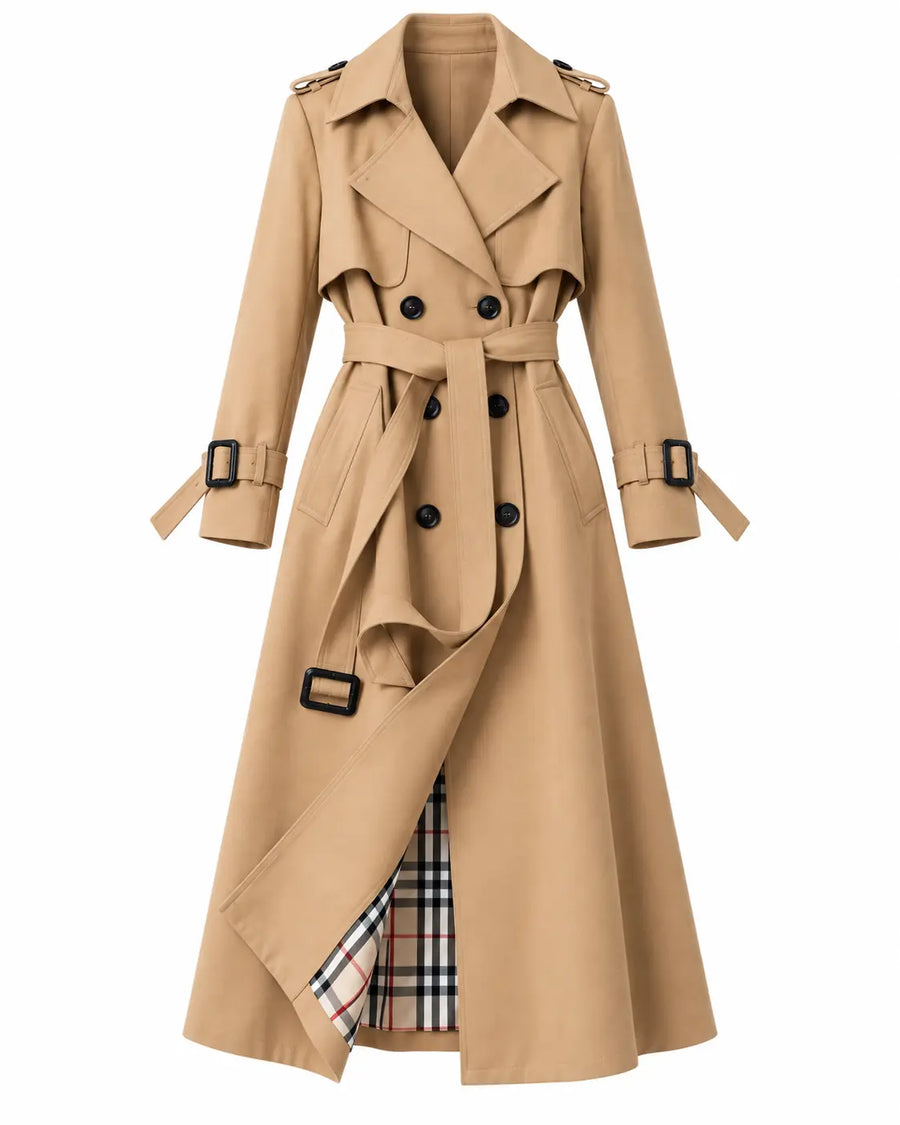 Trench Femme - Long Double Boutonnage Ceinture Col à Revers Kaki