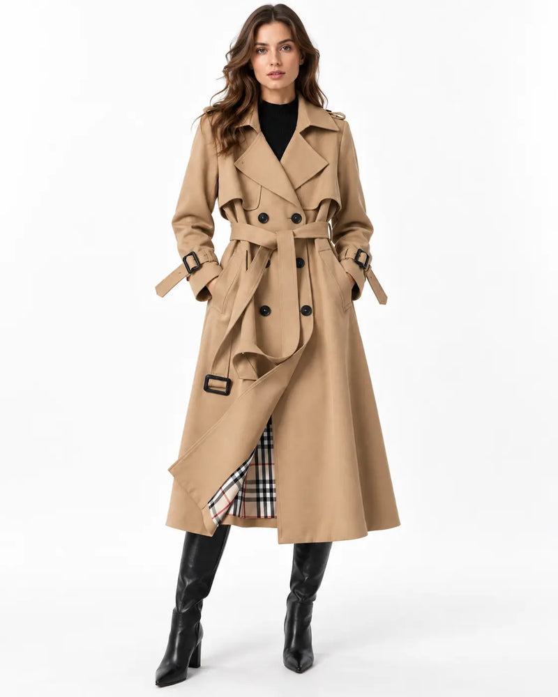 Trench Femme - Long Double Boutonnage Ceinture Col à Revers Kaki porté