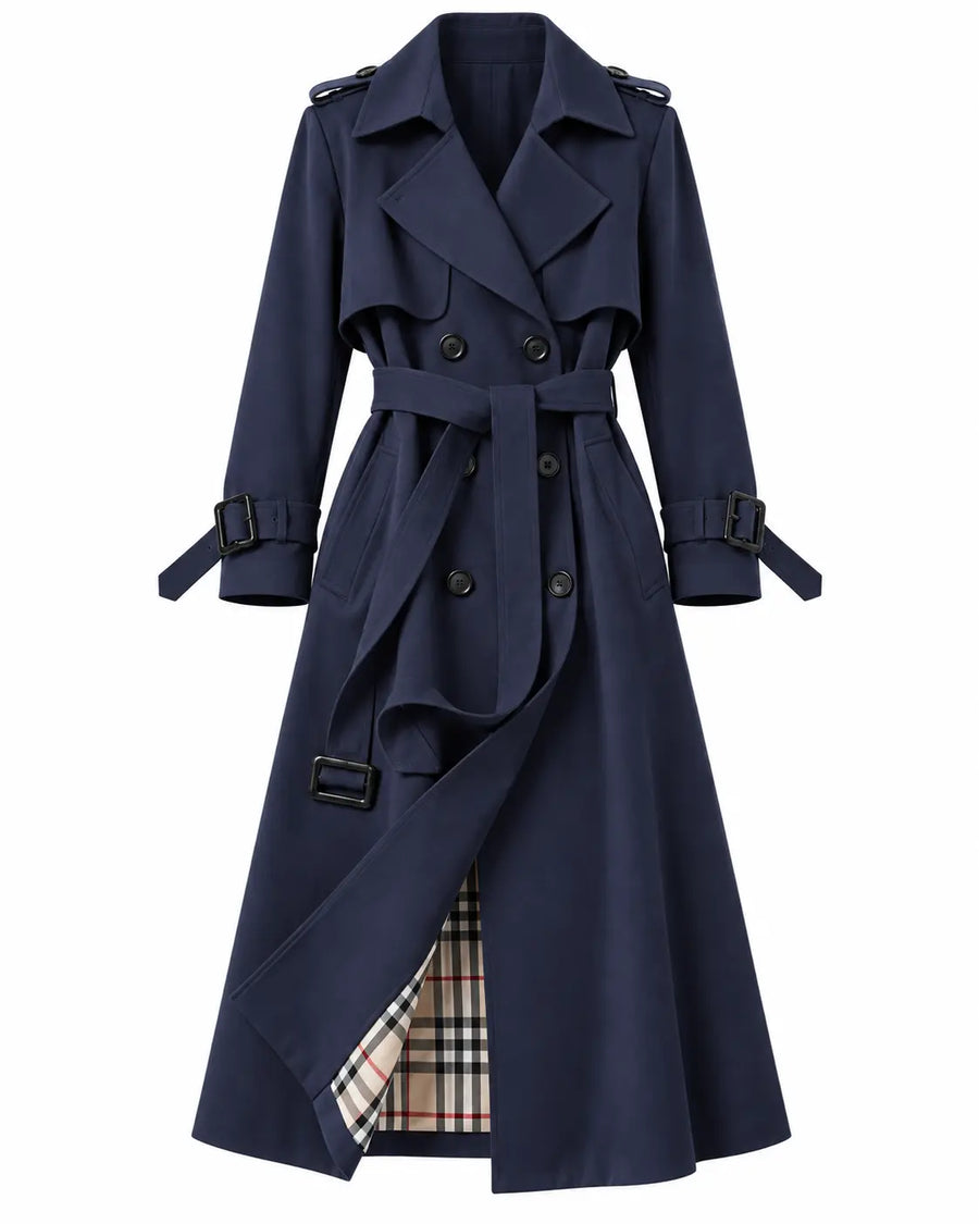 Trench Femme - Long Double Boutonnage Ceinture Col à Revers Marine
