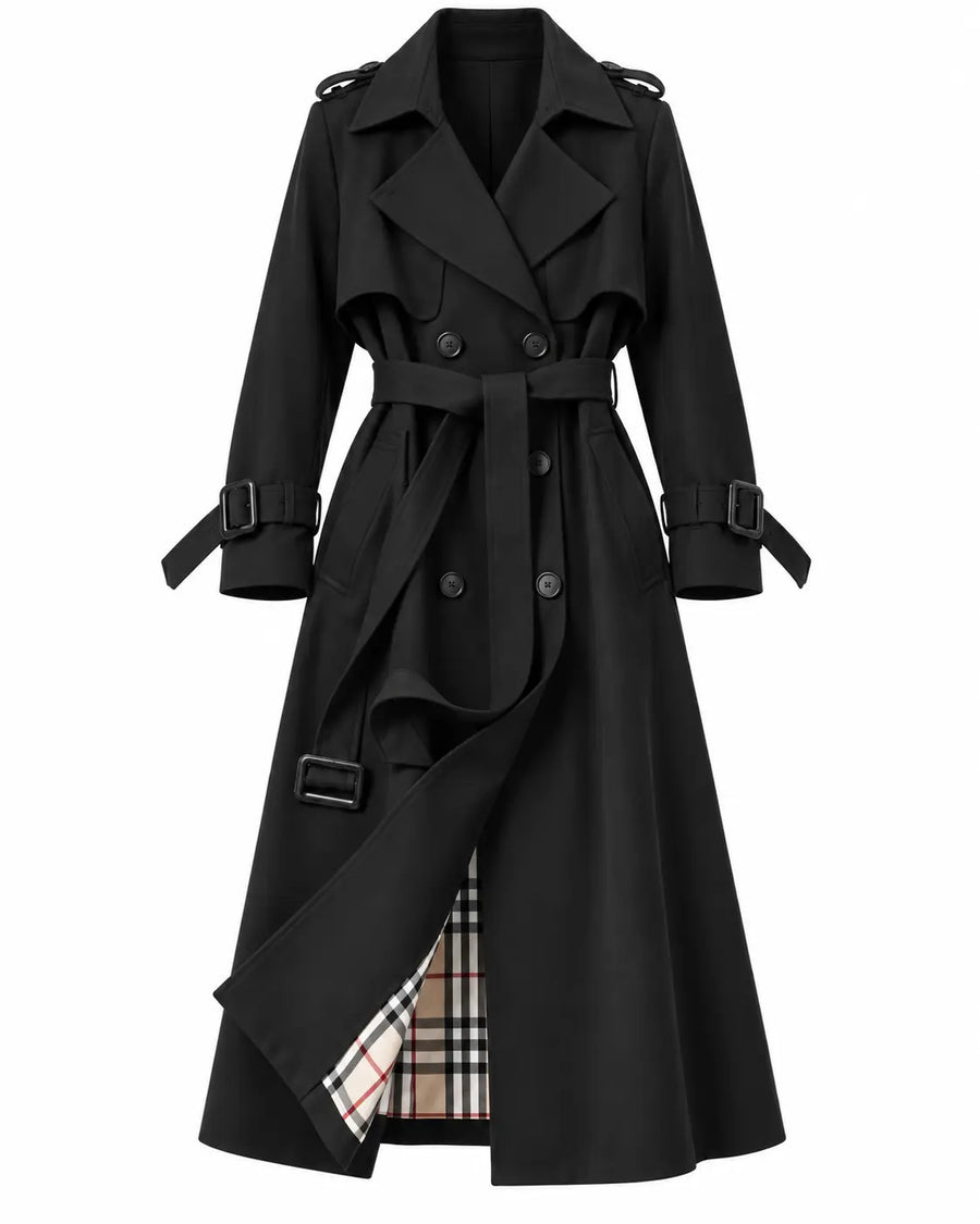 Trench Femme - Long Double Boutonnage Ceinture Col à Revers Noir