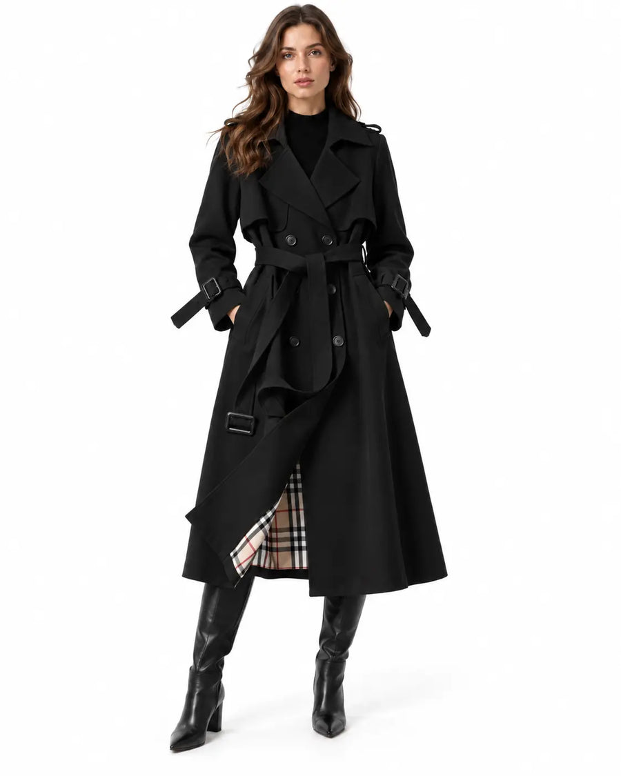 Trench Femme - Long Double Boutonnage Ceinture Col à Revers Noir porté