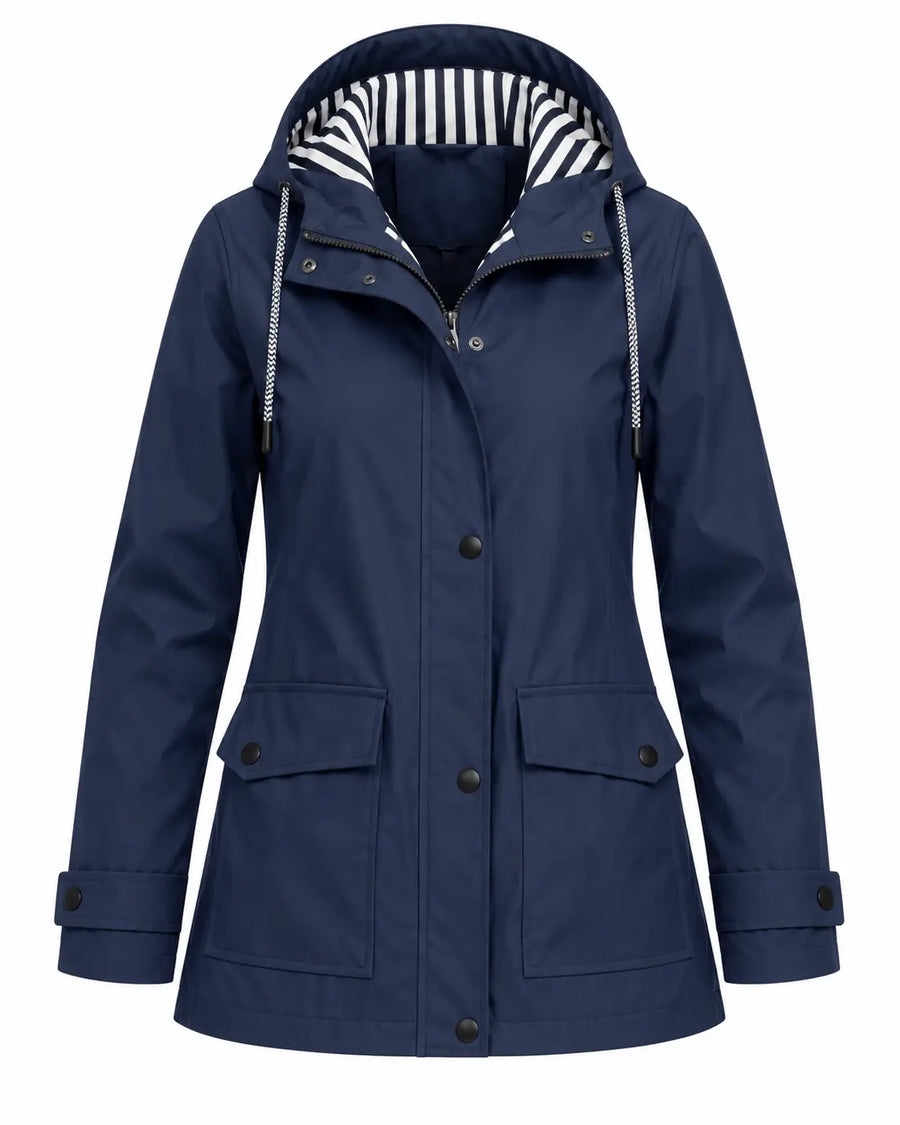 Trench Femme Vert Fougère - Long à Capuche Boutonné Polyester Bleu Marine