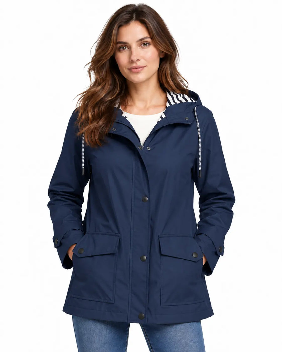 Trench Femme Vert Fougère - Long à Capuche Boutonné Polyester Bleu Marine porté
