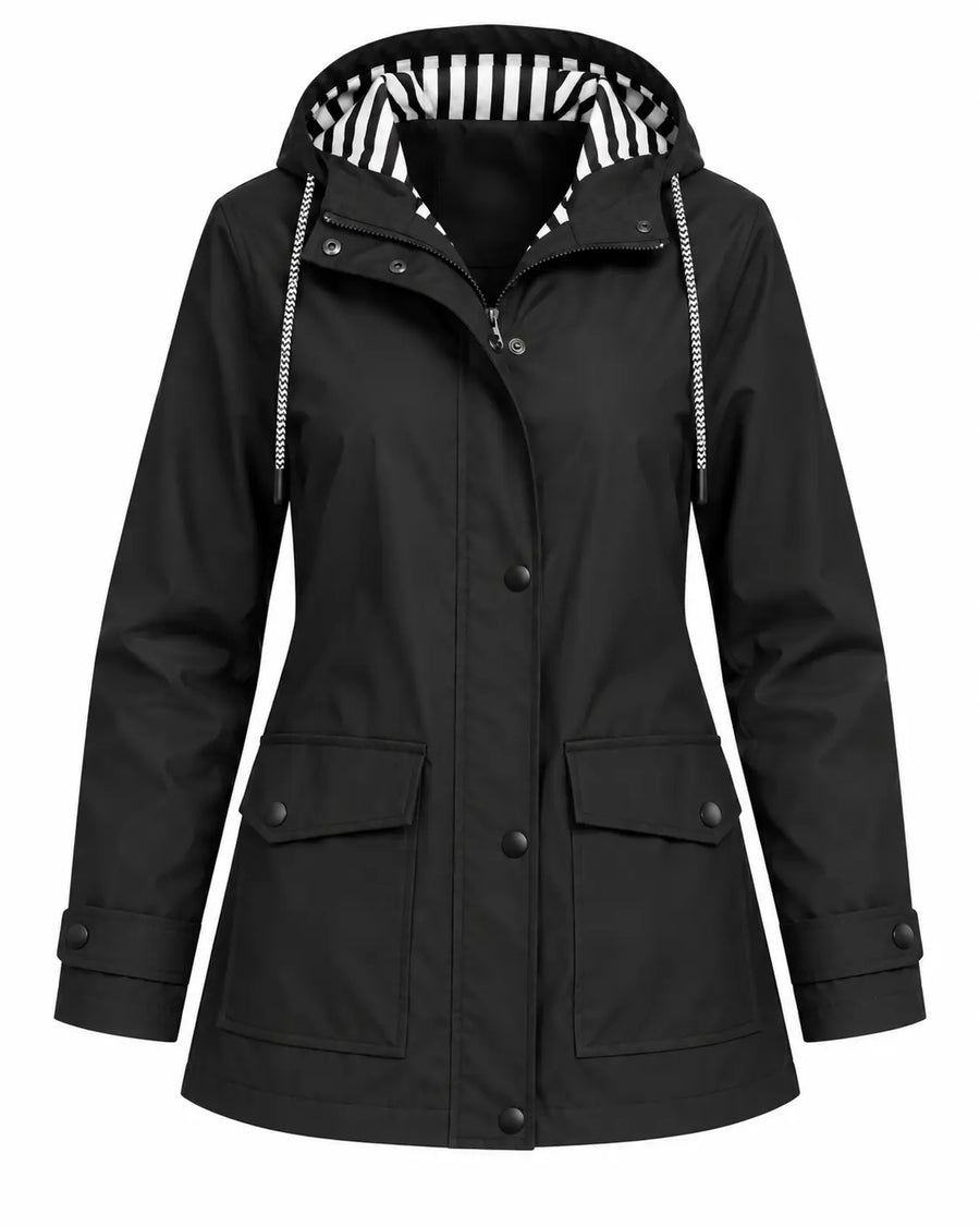 Trench Femme Vert Fougère - Long à Capuche Boutonné Polyester Noir