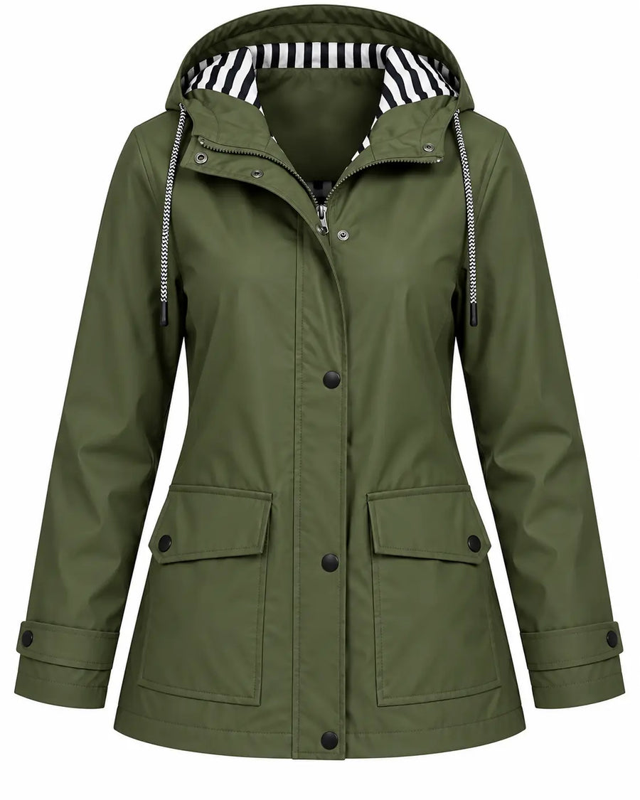 Trench Femme Vert Fougère - Long à Capuche Boutonné Polyester Vert Fougère