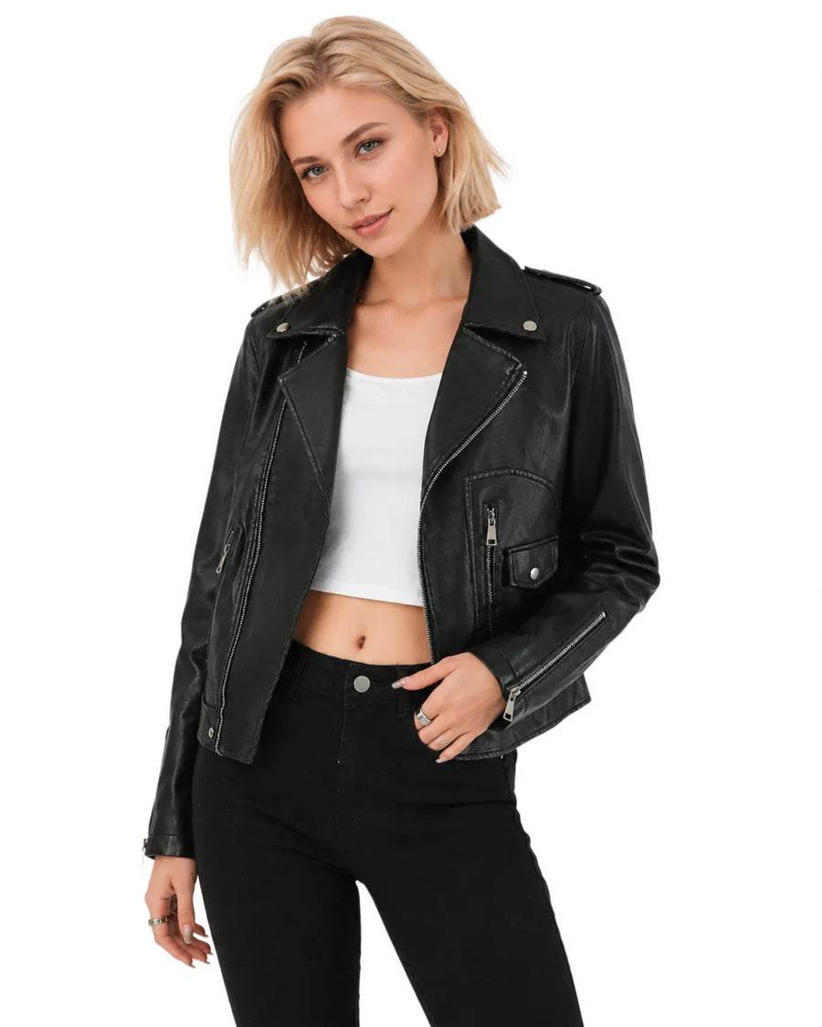 Veste courte en cuir femme - vue portée