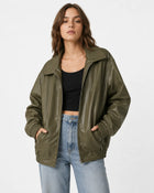Veste en cuir coupe ample col ouvert femme - vert armée