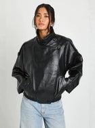 Veste blouson en cuir bomber femme hiver - Noir