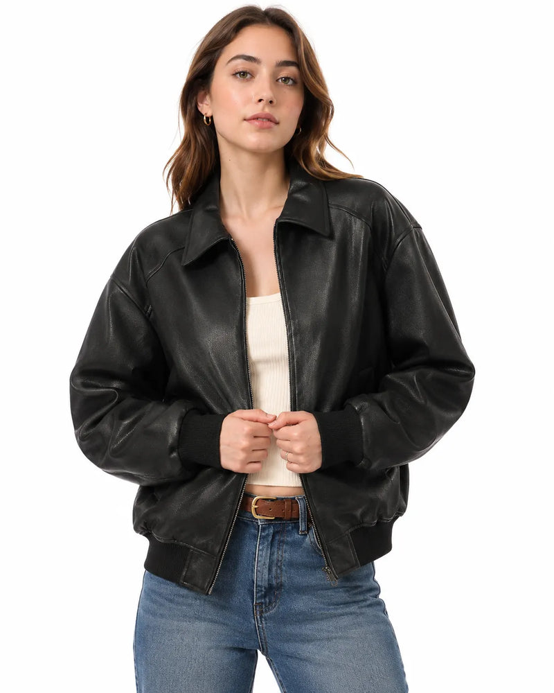 Veste en cuir femme col en V - vue de côté