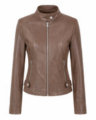 Veste en cuir zippé col montant femme - Brun