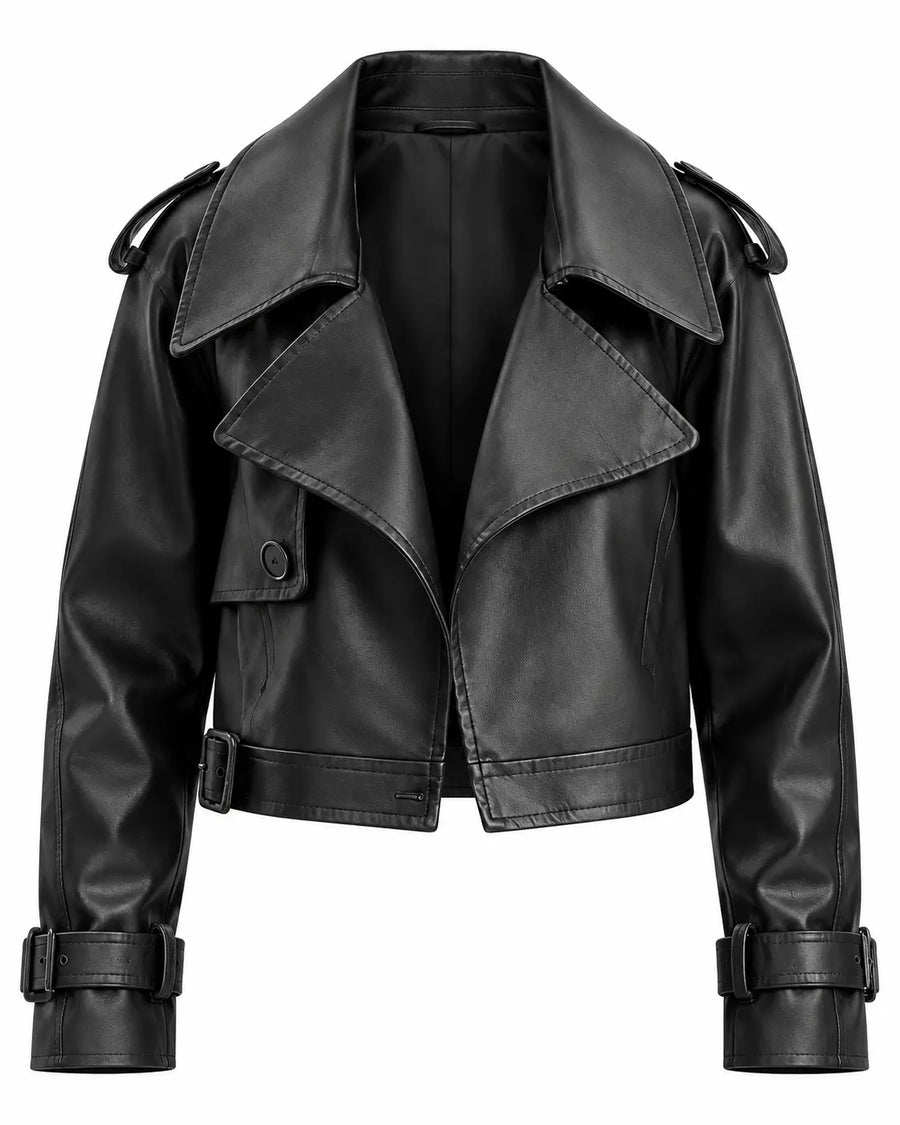 Veste Femme - Oversize Courte Aspect Cuir Col Cranté Épaulettes Noir