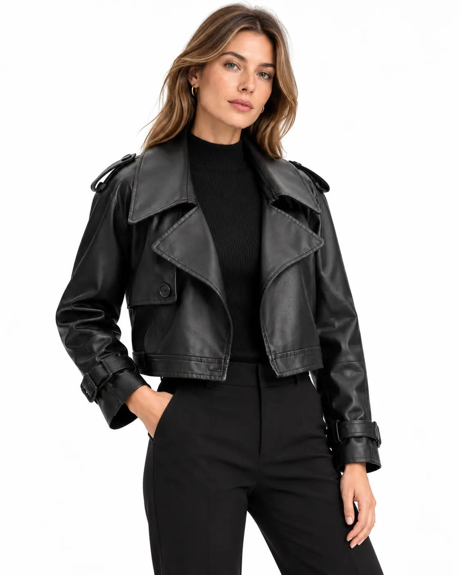 Veste Femme - Oversize Courte Aspect Cuir Col Cranté Épaulettes Noir porté