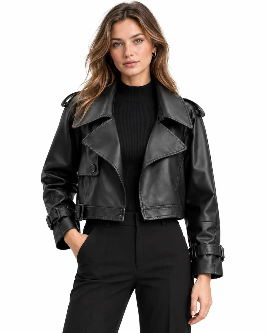 Veste Femme - Oversize Courte Aspect Cuir Col Cranté Épaulettes Noir porté