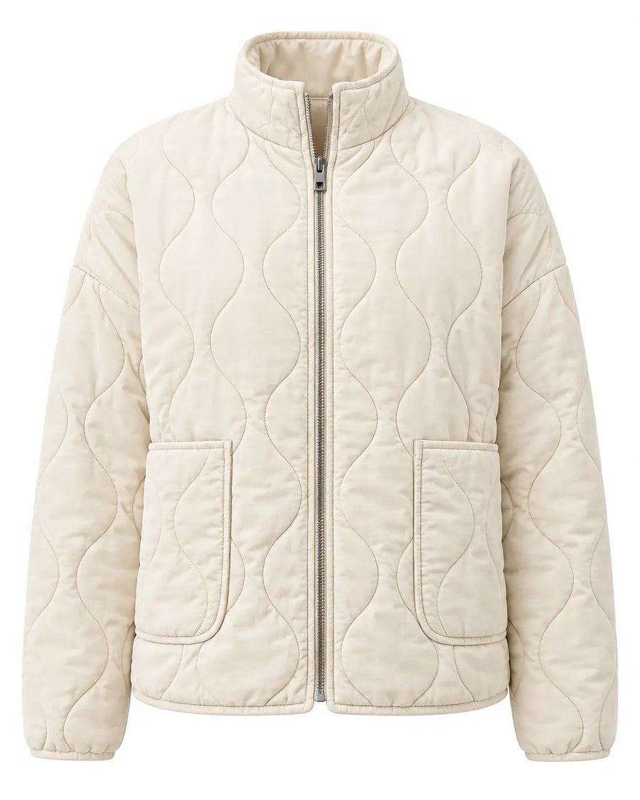 Veste Matelassée Femme - Col Montant Poches Plaquées Beige