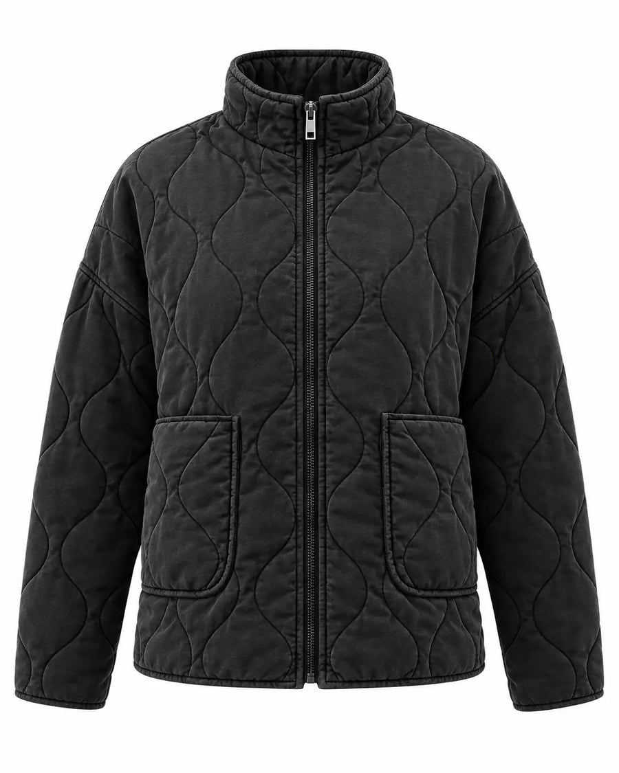 Veste Matelassée Femme - Col Montant Poches Plaquées Noir