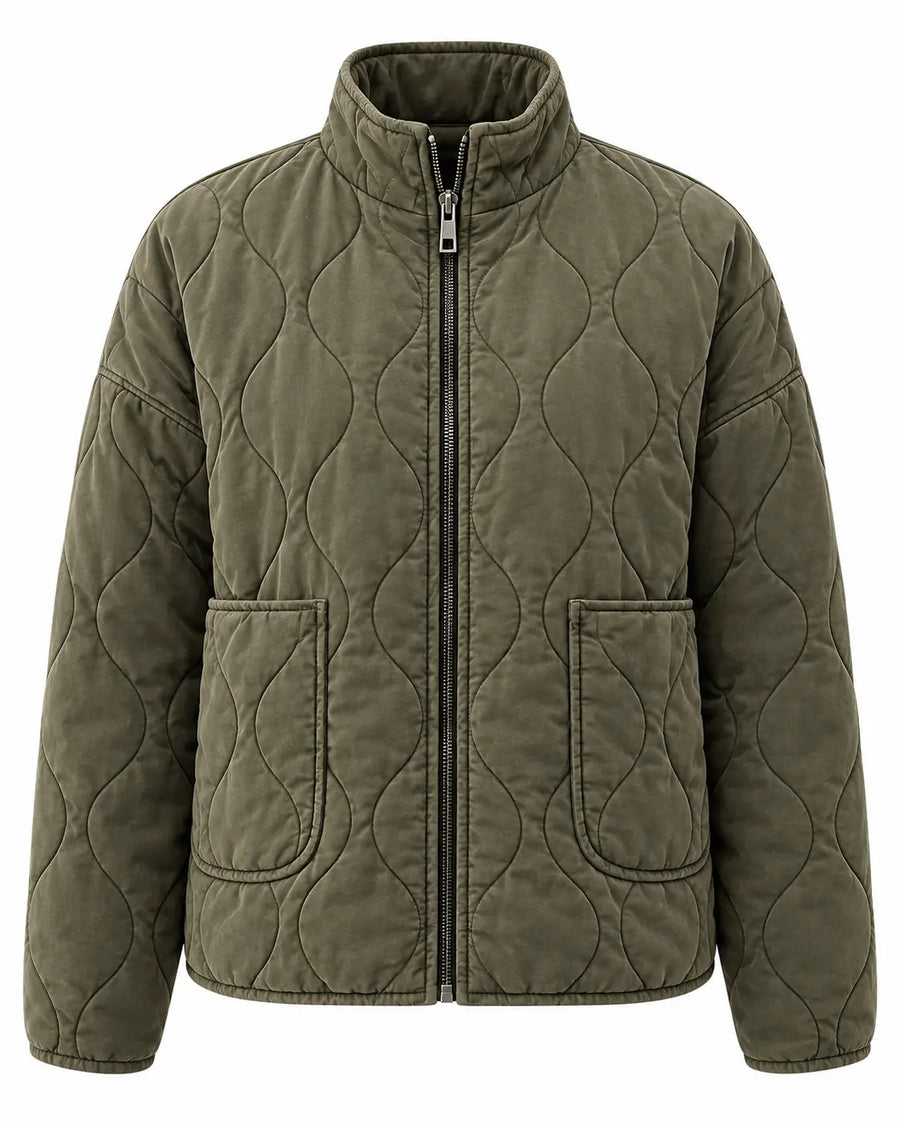 Veste Matelassée Femme - Col Montant Poches Plaquées Vert armée