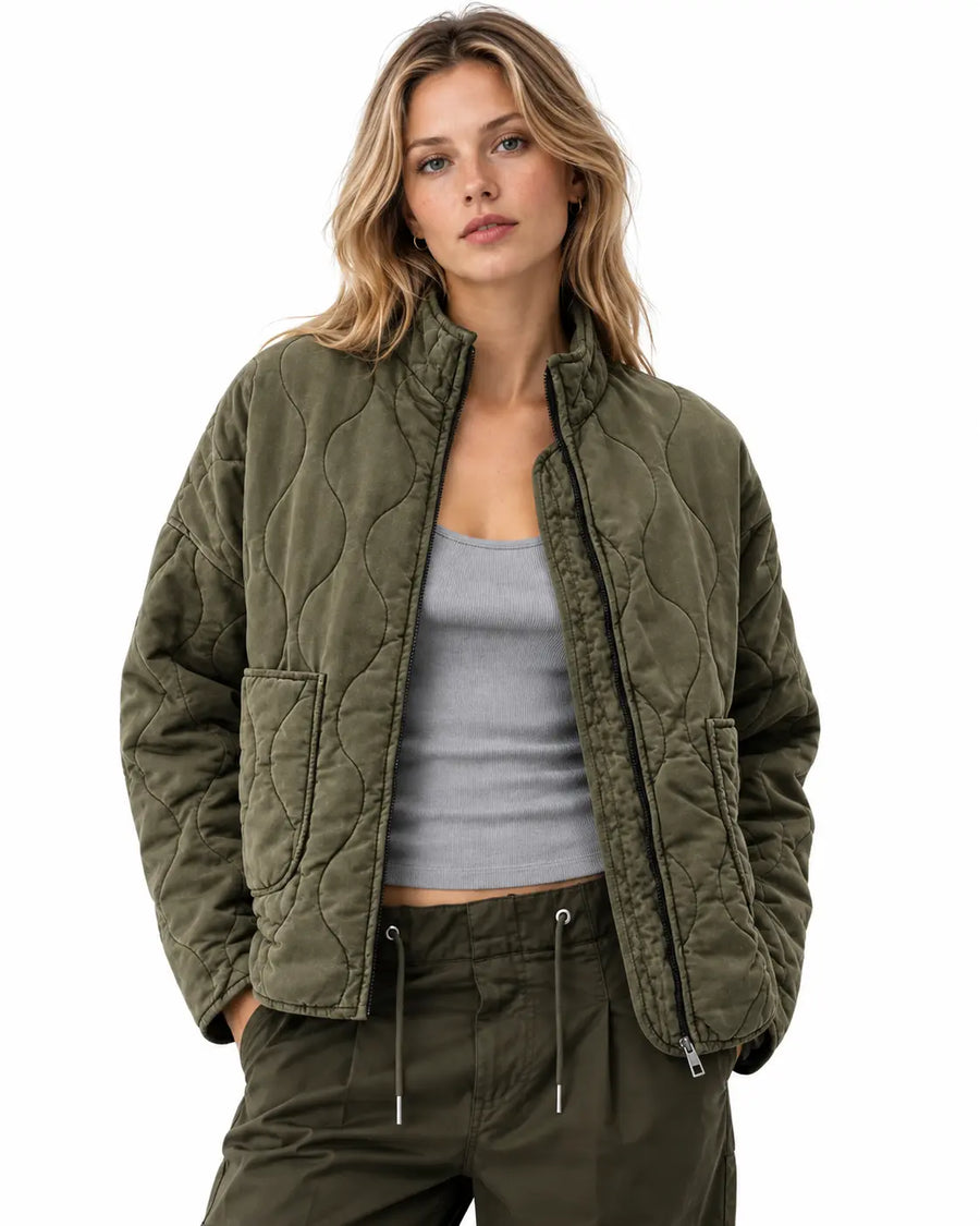 Veste Matelassée Femme - Col Montant Poches Plaquées Vert armée porté