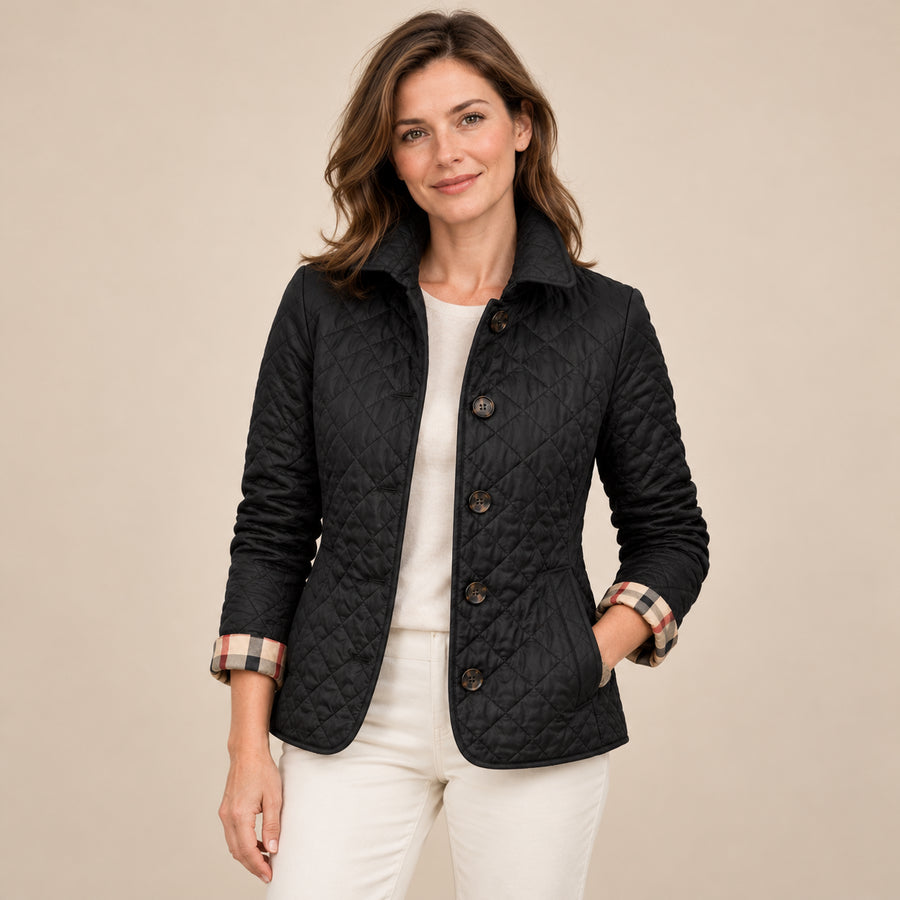 Veste Matelassée Femme - Col Rabattu Fermeture Boutons - Noir - photo portée sur fond beige