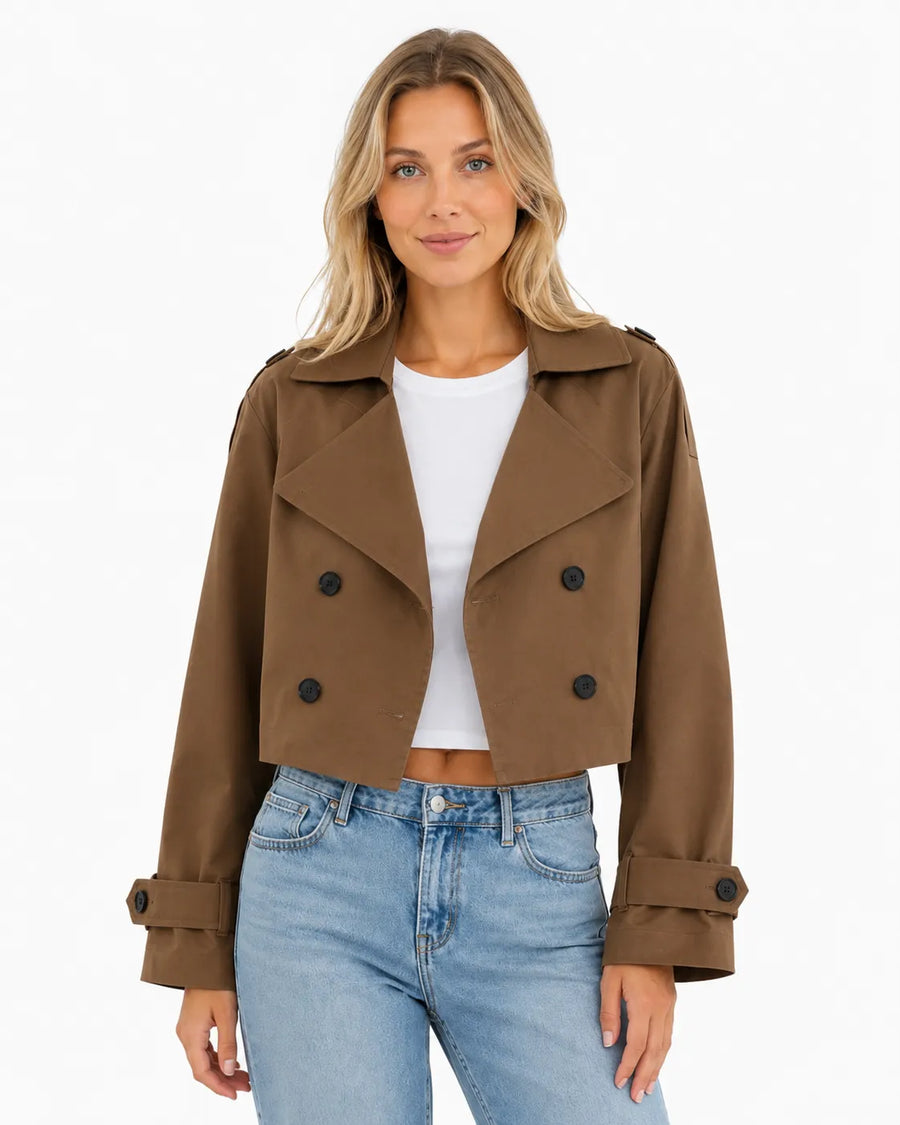 Veste trench-coat court femme - vue d'ensemble posée