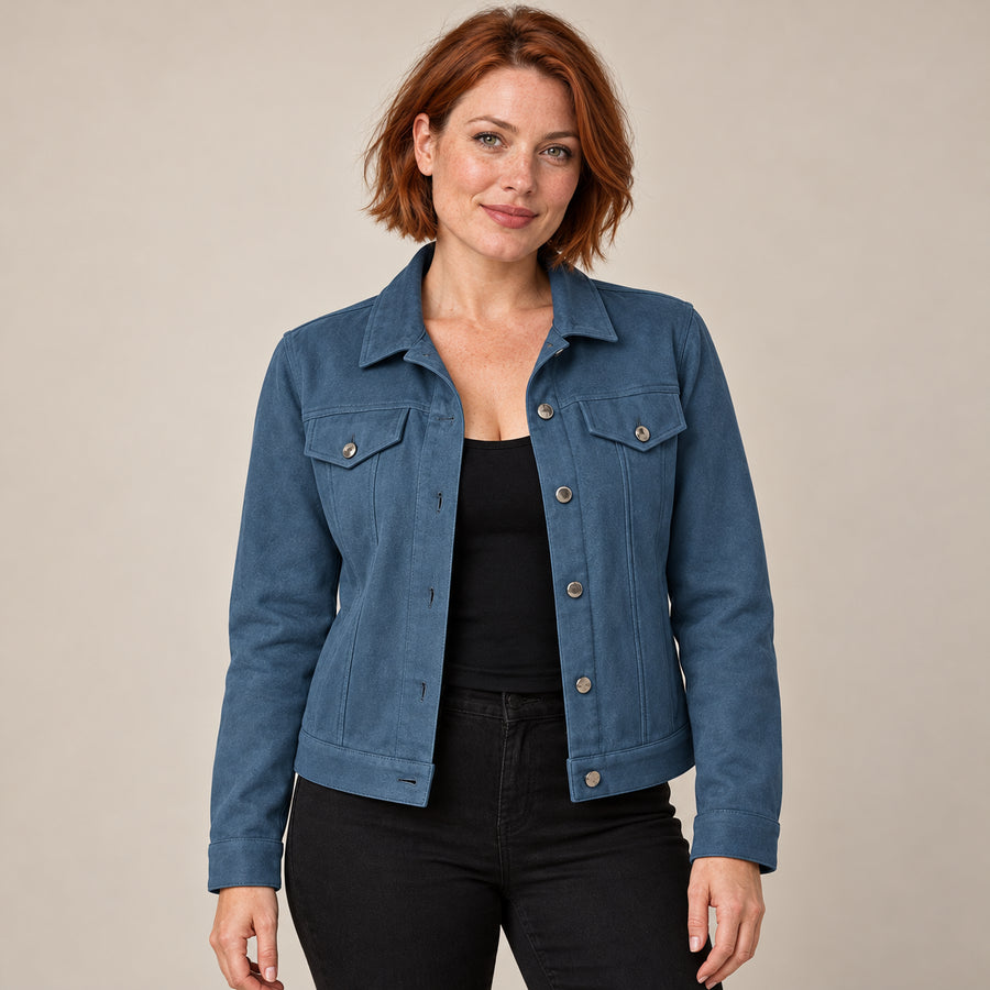 Veste Trucker Femme - Effet Daim Boutonnée Poches Poitrine - Gris Ardoise - photo portée sur fond beige